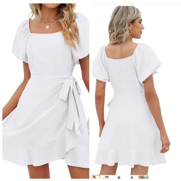 SAMPEEL Womens Square Neck Puff Sleeve Dresses Summer Tie Waist Dress Large - Picture 1 of 14